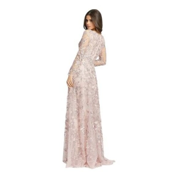 NWT MAC DUGGAL 70224 Pink Floral Applique Long Sleeve Illusion Gown Pink Size 8 - Picture 5 of 15